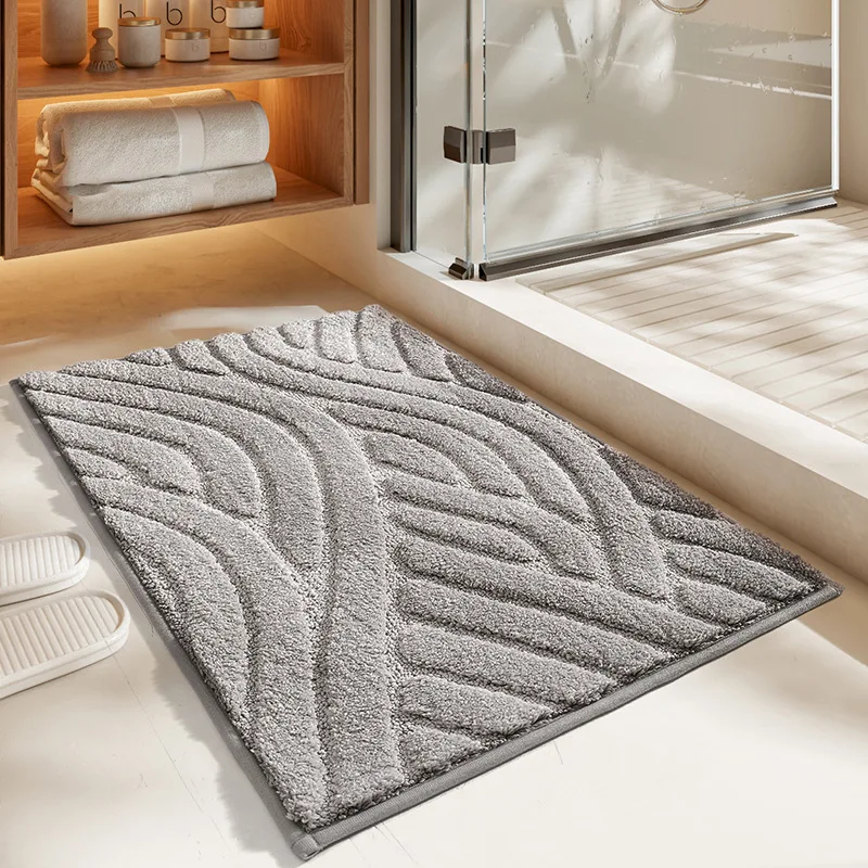 

Solid Color Stripes Flocked Bathroom Super Absorbent Water Floor Mat Home Thicken Anti-slip Bath Rug Easy To Clean Bathroom Rugs