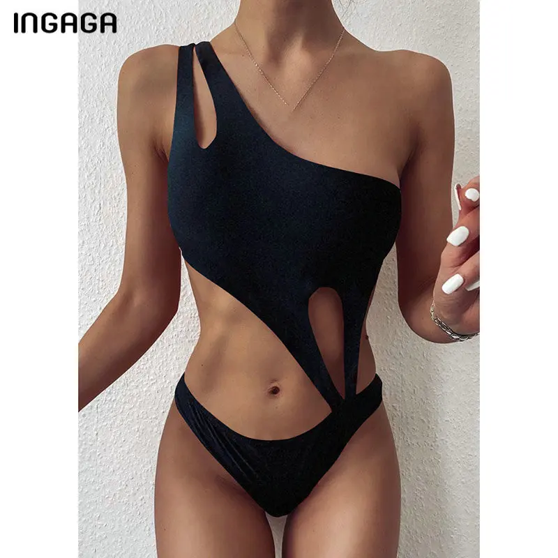 INGAGA One Shoulder Piece Swimsuit 2022 Swimwear Women Sexy Cut Out Monokini Beachwear New Bathing Suit Black Bodysuit | Спорт и