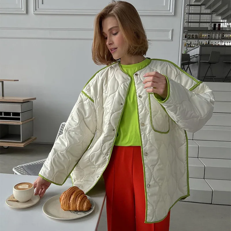 2023 Autumn Women's Cotton-padded Jacket Green Solid O-neck Single Breasted Pockets Long Sleeve Female Elegant Ladies Clothes