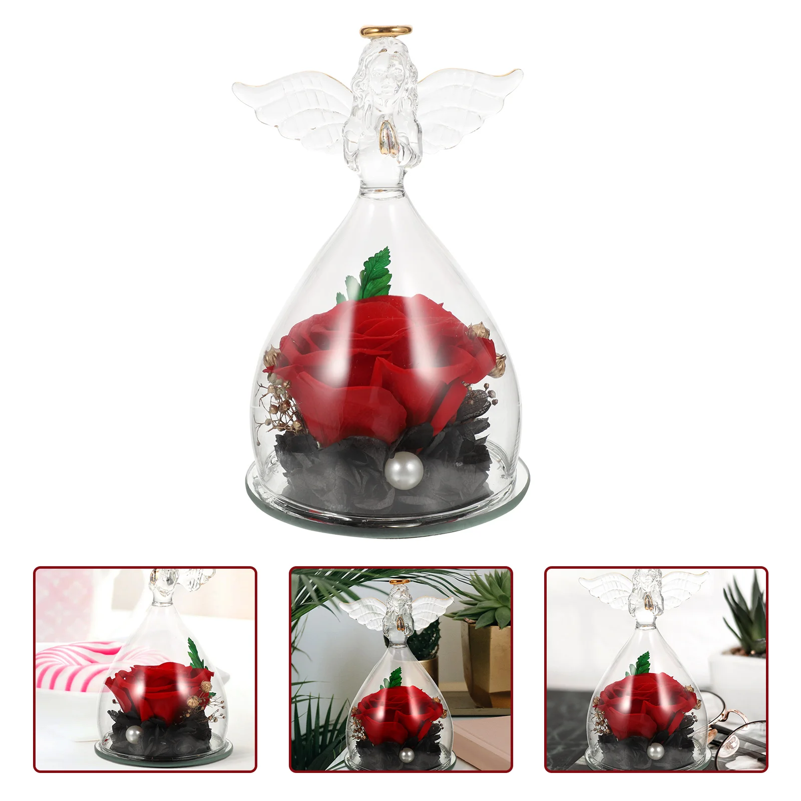 

Rose Flower Preserved Dome Eternal Box Gift Angel Day Flowers Valentines Wedding Real Adornment Immortal Figurine Withered Never