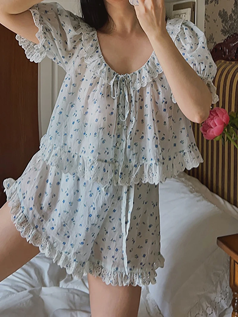 Women Summer Blue Rose Girl Sweet Ruffles Short Sleeve Home Sleepwear Lolita Pajamas Two Piece Sets Vintage Princess Loungewear