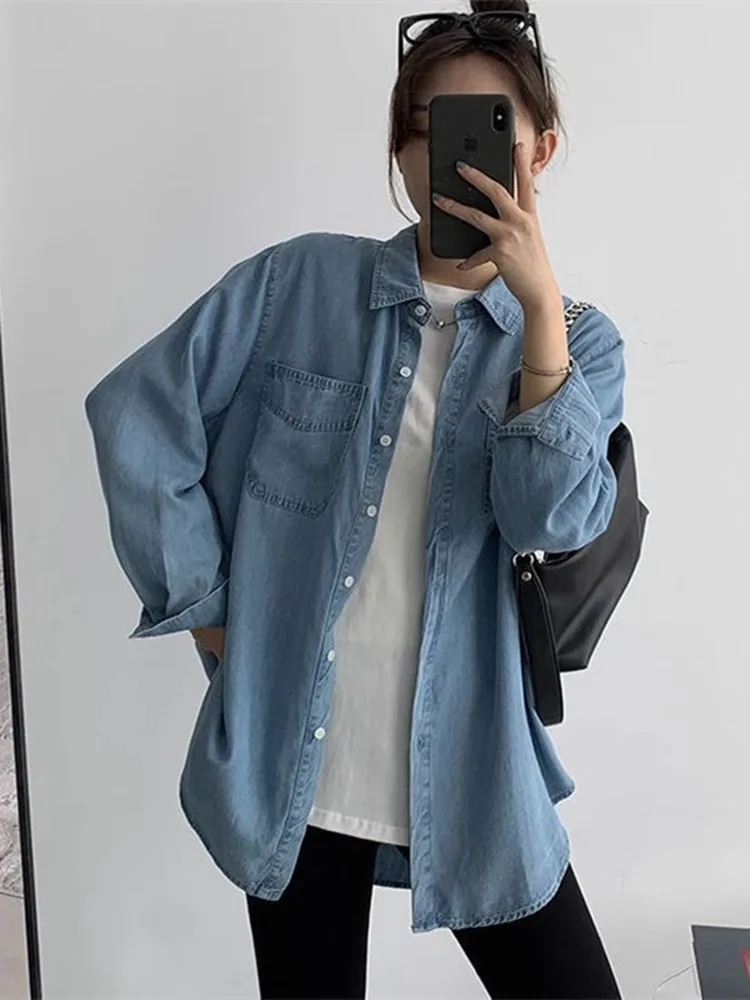 Design Sense Demin shirt Women Autumn and Winter Loose Stacked Inner wear Shirt Retro Hong Kong Flavor Slimming Soft Top Oute...