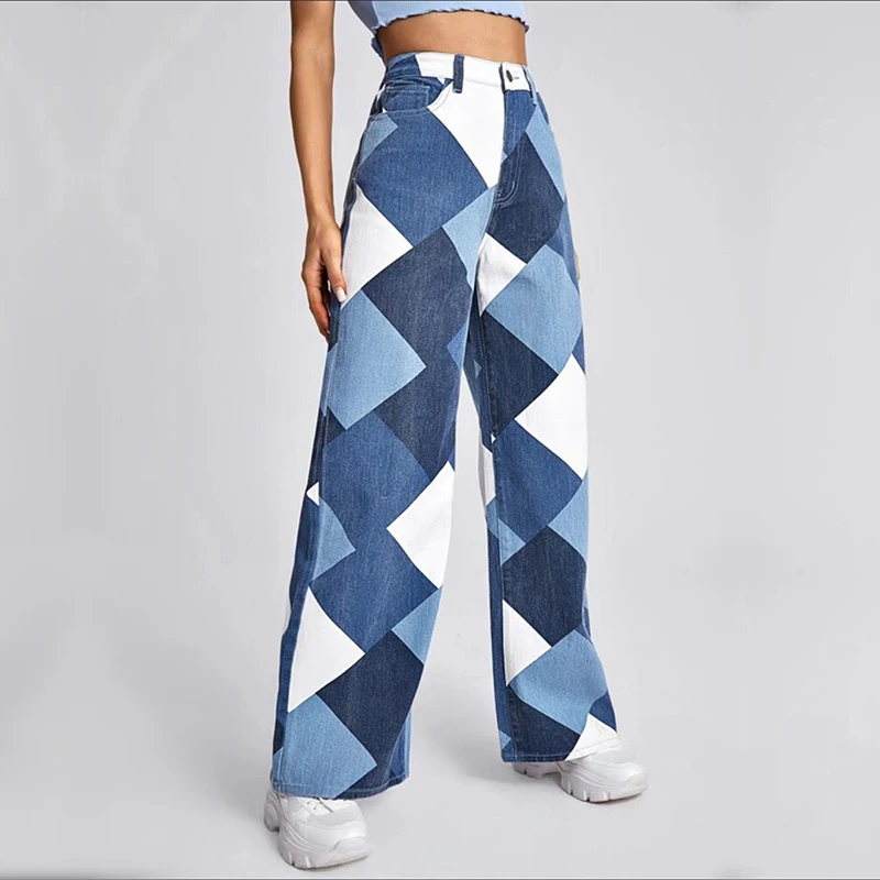 Geometry Color Block Print Women Jeans High Waist Straight Baggy Trousers Female Streetwear Denim Pants Y2K Pantalones De Mujer