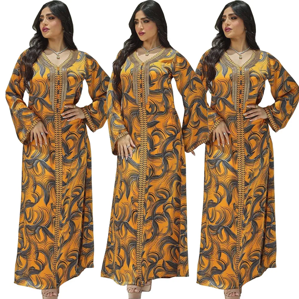 

Elegant Muslim Printed Long Dress Women Abaya Dubai Turkey Hijab Dress Moroccan Jalabiya Kaftan Arab Middle East Islam Vestidos
