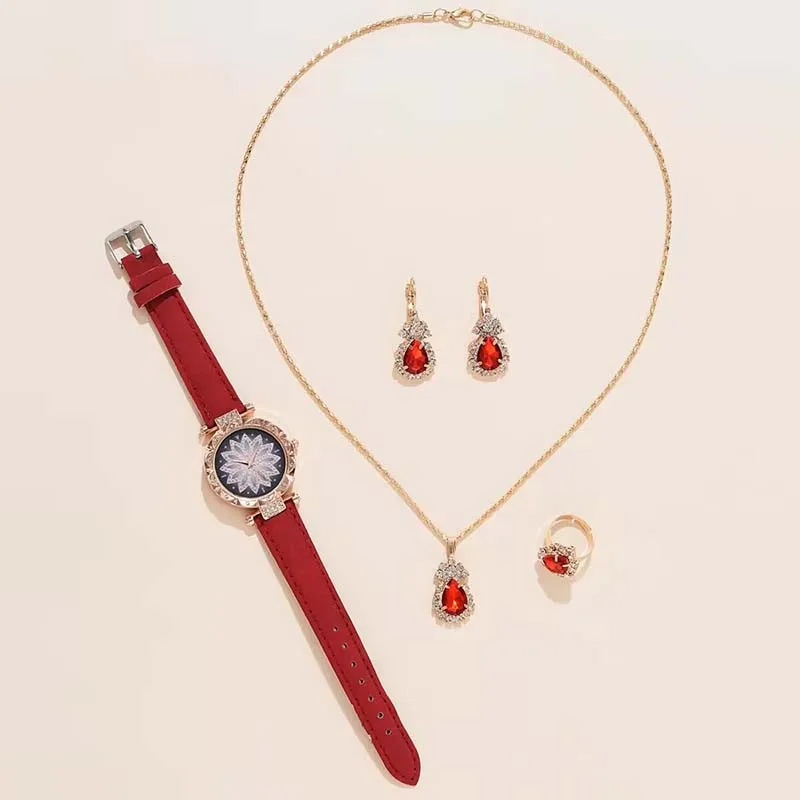 New 5pcs Set Watches Women Leather Band Ladies  Simple Casual Women's Analog WristWatch Bracelet OGDA Necklace Gift (No Box)