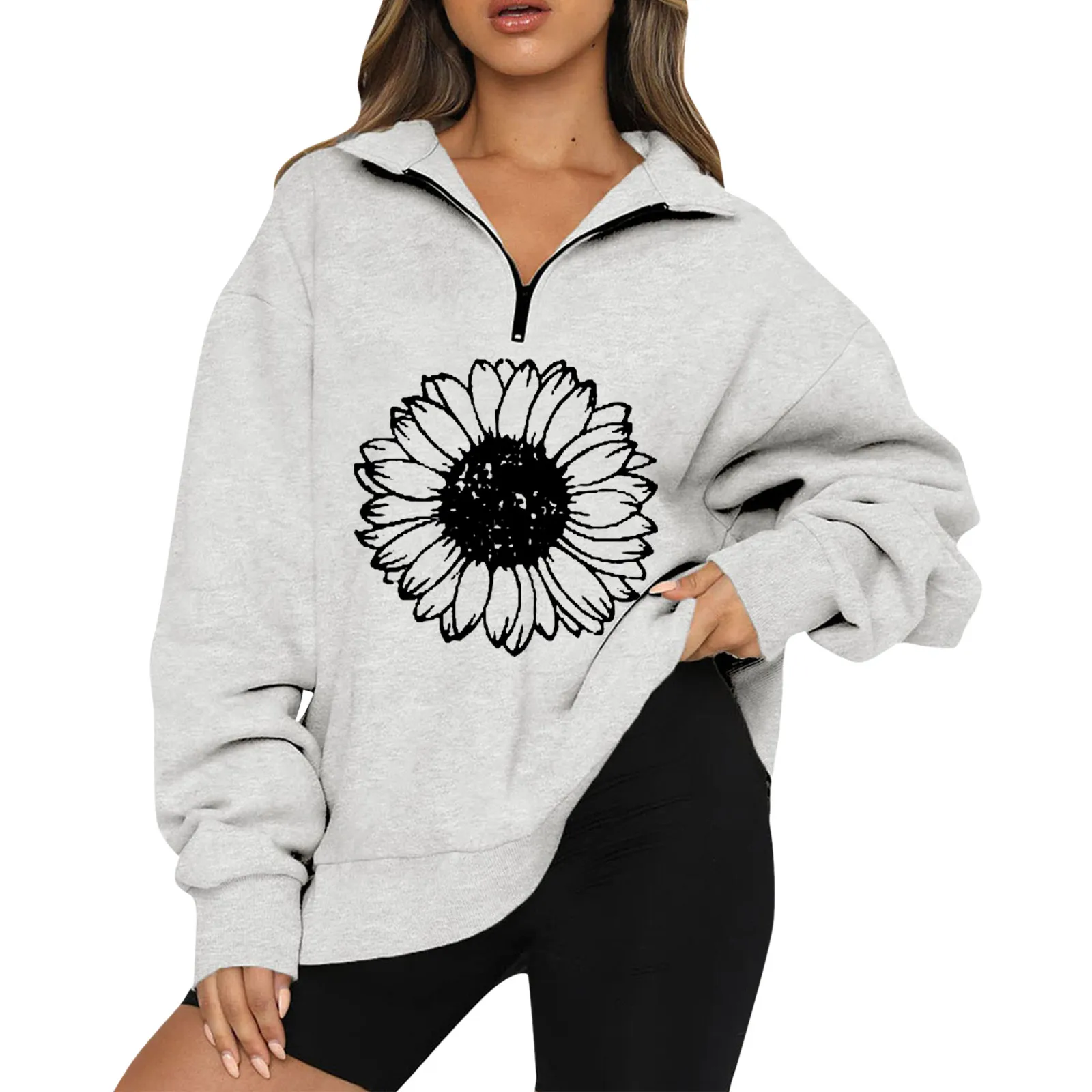 

Sunflower Print Hoodies For Women Zip Lapel Pullover Oversized Long Sleeve Sweatshirt Loose Hoodie For Teen Trendy Sweatshirts
