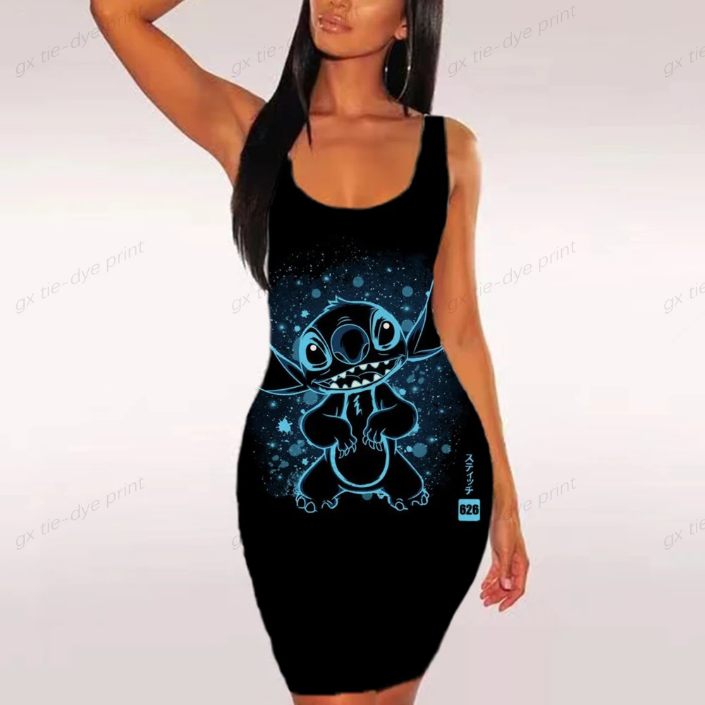 

Women Sundress Summer U Collar Sleeveless Backless Disney Minnie Mickey Mouse Print Mini Bodycon Sexy Party Dress