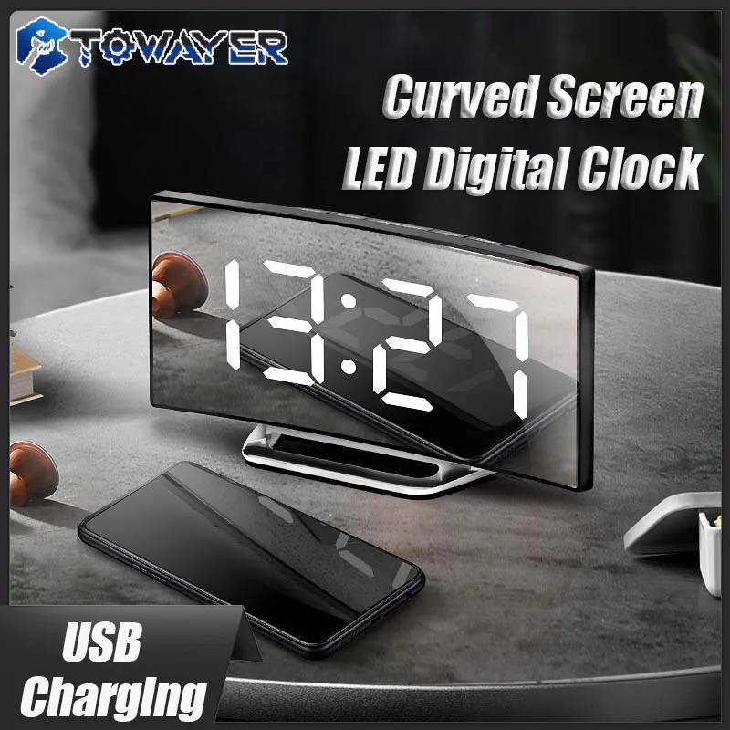

Led Alarm Clock Digital Table Electronic Alarm Clocks Curved Screen Mirror Temperature Snooze Function Desk Clock Home Decor