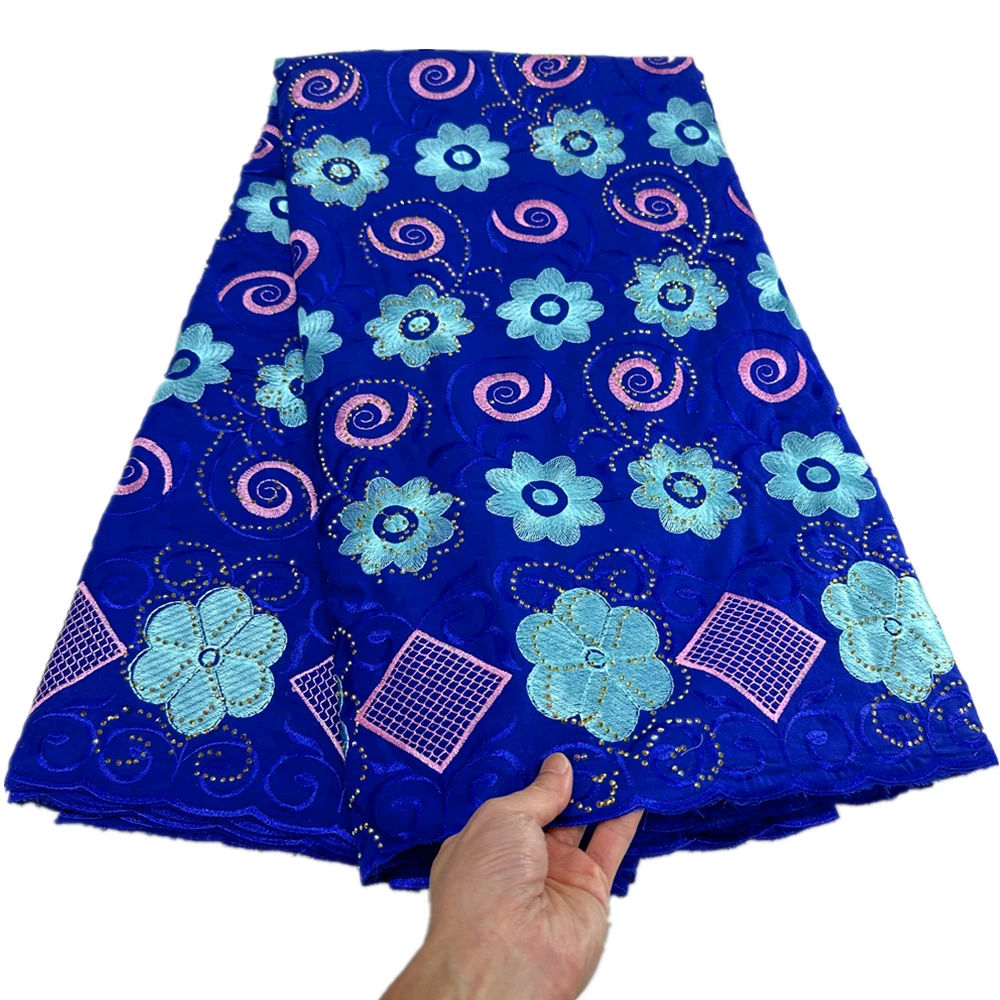 

Швейцарская кружевная ткань из вуали с камнями для женского платья, королевский синий, хлопковая лафайя, африканская, 5 ярдов
