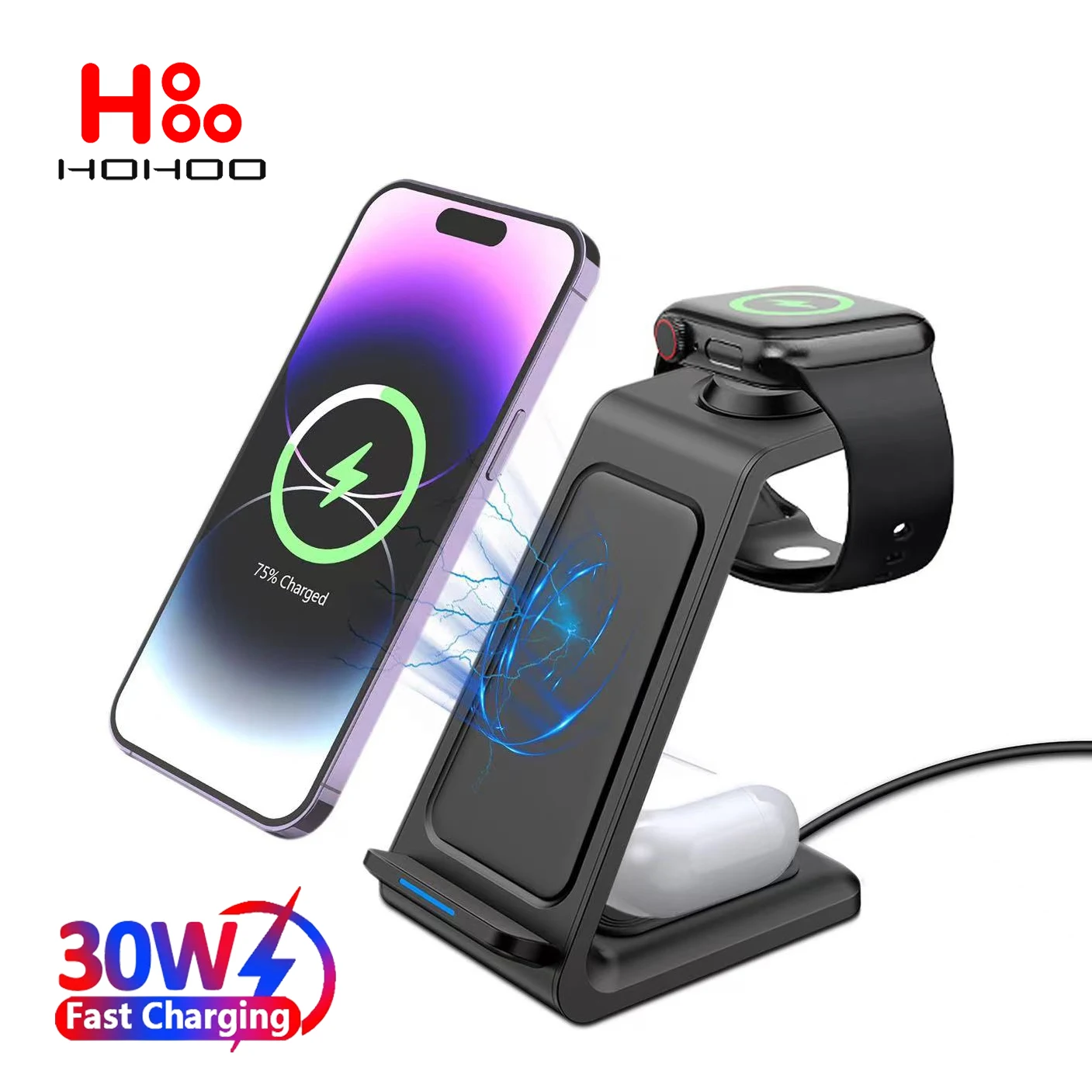 30 Вт Беспроводная зарядка для iPhone 15 14 13 12 11 Pro Max Apple Watch 9 8 7 Airpods Samsung Galaxy S24 S23 S22 Ultra Buds