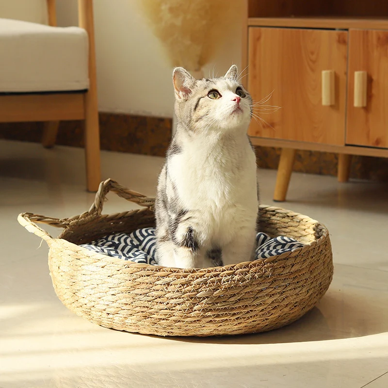 

Cat Bed Four Season Cat Scratching Board Rattan Washable Rabbit Litter Cat Supplies Woven Removable Cushion Sleeping House