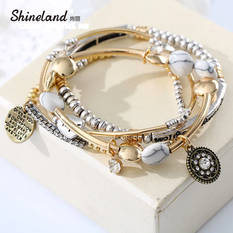 

4Pcs/Set Europe America Vintage Fashion Multilayer Beads Hope Letter Blue White Stone Bracelet & Bangles Jewelry For Women 2023