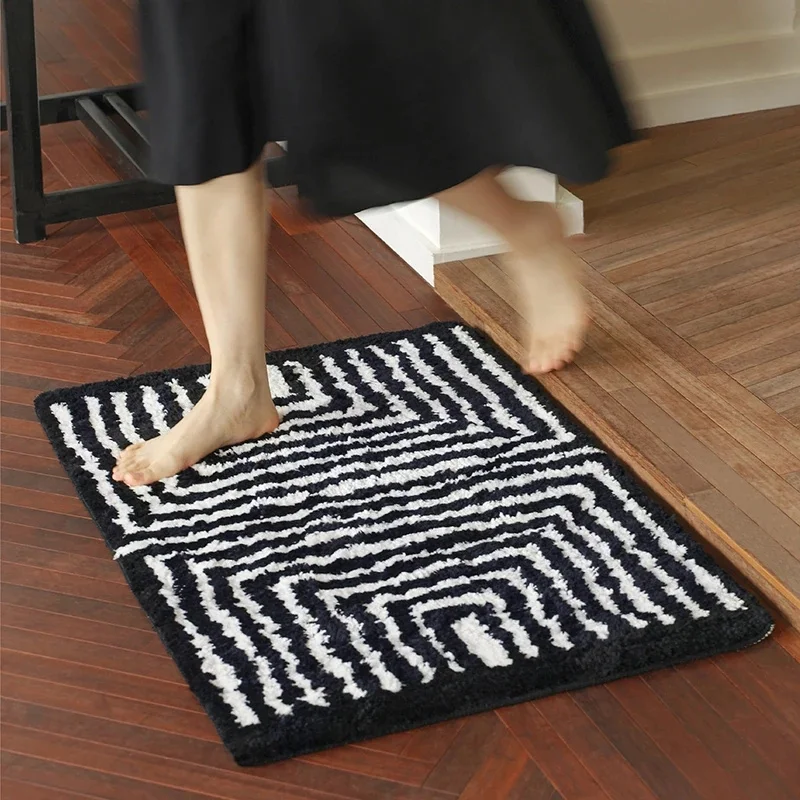 

Коврик для ванной в стиле ретро с геометрическим рисунком, нескользящий коврик для входного пола, черного и белого цвета, для украшения дома