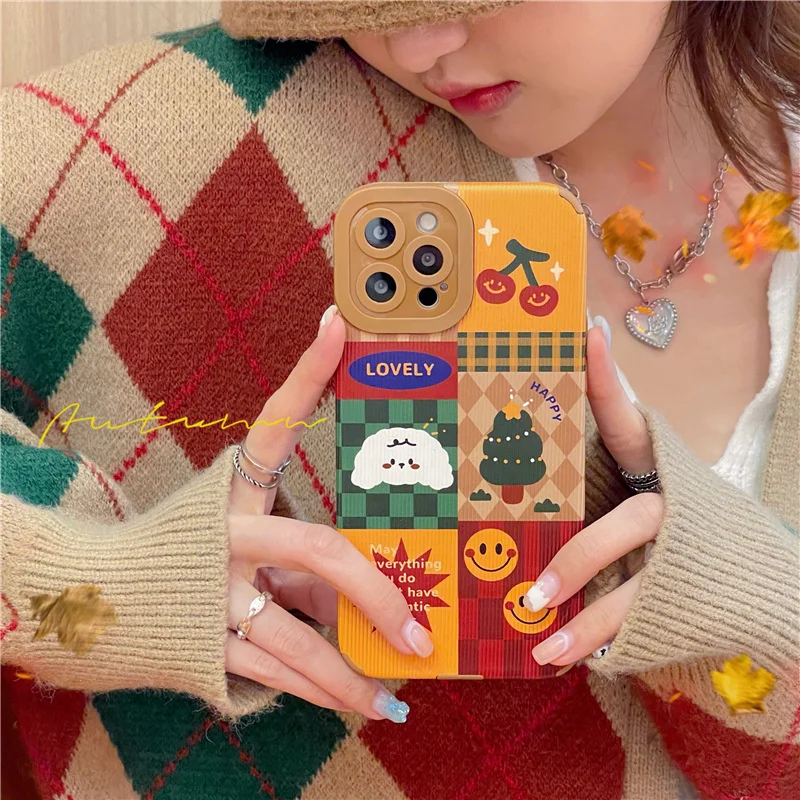 

Christmas color checkerboard cartoon Apple 13 / 12promax mobile phone case XR for iPhone 11 / XS soft women