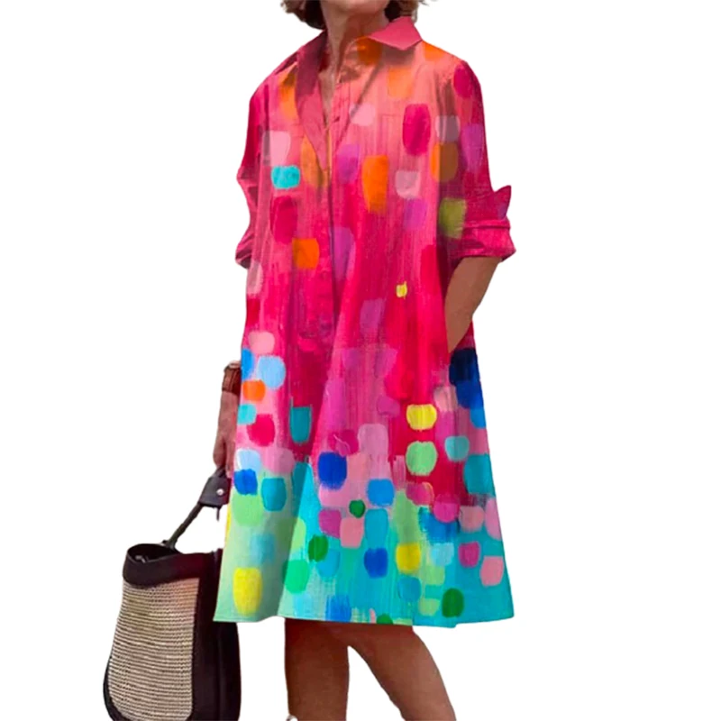 

Lemongor Female Fashion Pockets Color-Block Printed Lapel Short Dress 2023 Summer Long Sleeves Casual Midi Dresses For Women