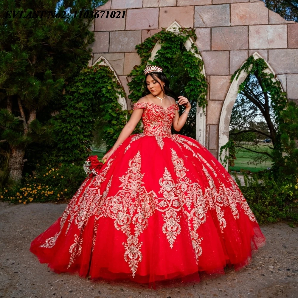 EVLAST Красное платье Quinceanera по индивидуальному заказу бальное с золотой кружевной