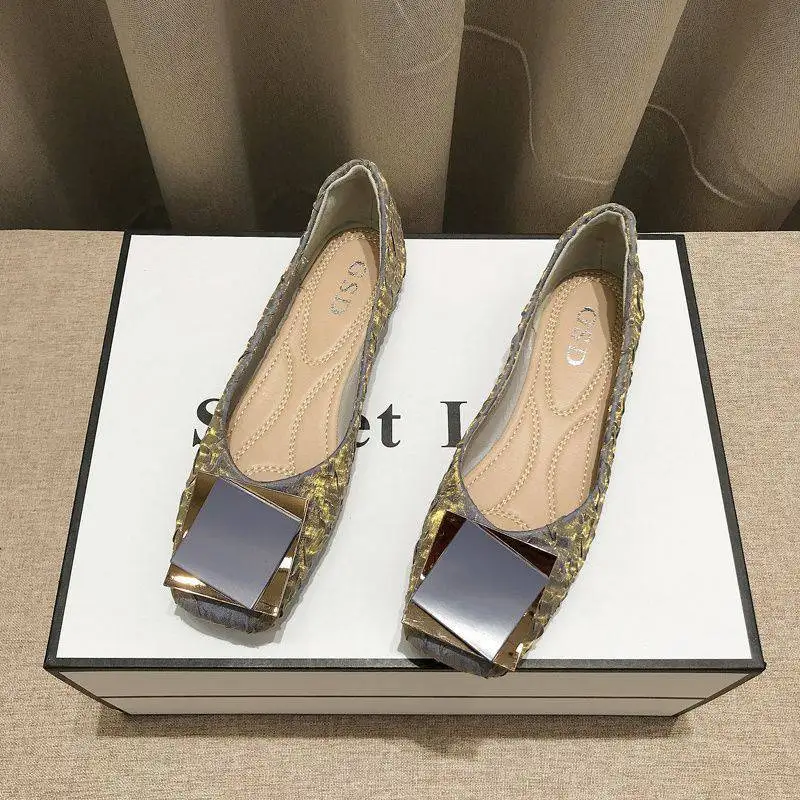 

Туфли женские с квадратным носком, мягкая обувь на плоской подошве, с металлической пряжкой, весна-лето 2023