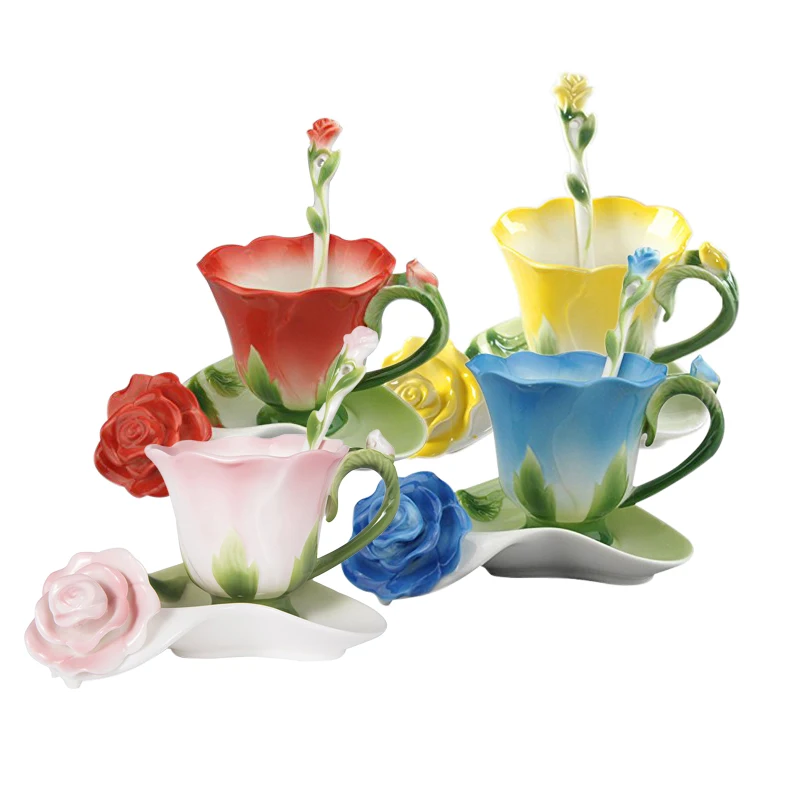 

Rose Shaped Flower Enamel Ceramic Coffee Tea Cup and Sauce Spoon High Quality Porcelain Cup Creative Valentine's Day Gift Design