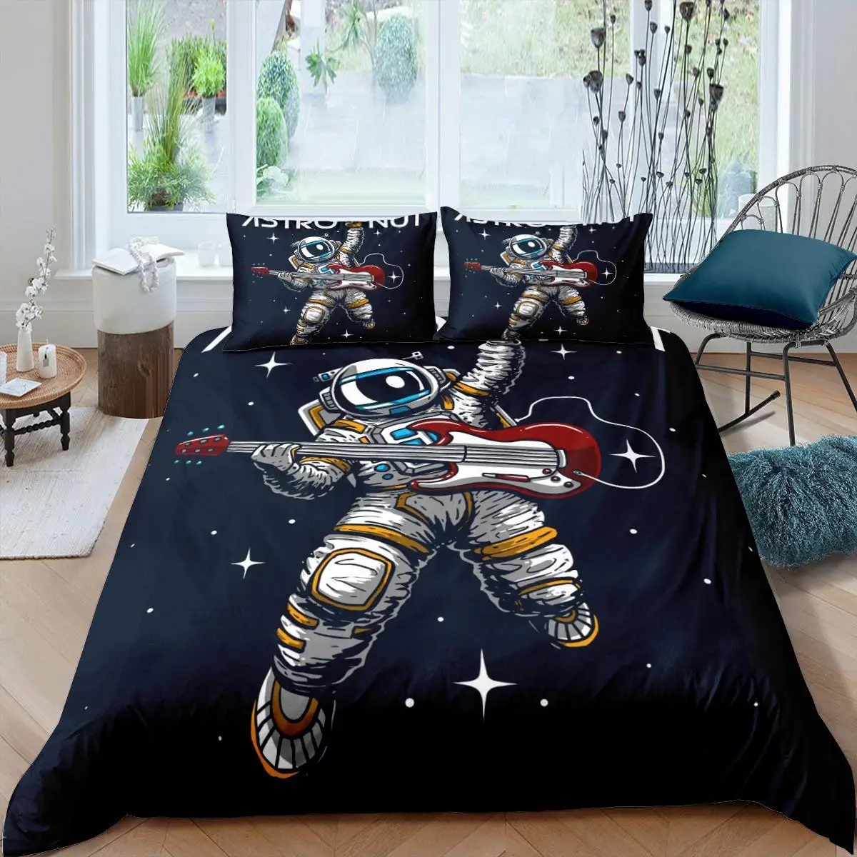 

Astronaut Duvet Cover Set Astronaut Playing Guitar Bedding Set Teen Boys Kids Galaxy Stars Outer Space Polyester Comforter Cover