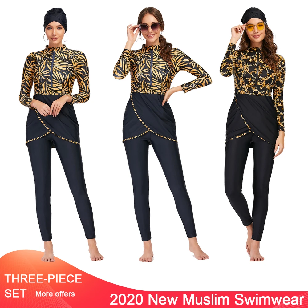 3PCS Muslim Swimwear For Women Full Cover Islamic Long Sleeve Burkini Turban Swimsuit Islamic Burkinis Wear Bathing Swimsuit Set