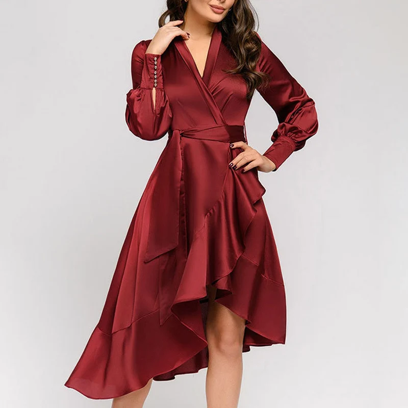 

Fashion Irregular Button Long Sleeve Prom Dresses Office Lady Sexy V Collar Ruffles Temperament Dress Autumn Winter Evening Robe