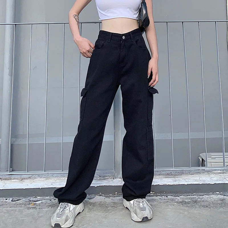 Baggy Jeans Women Denim Pants Pockets Streetwear Y2k Cargo Pants Solid Color Casual Loose Straight Wide Leg Pants Denim Trousers