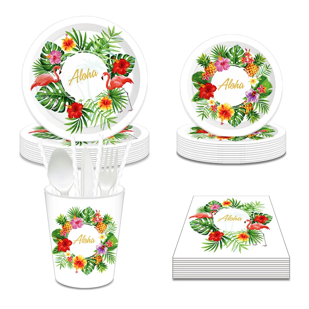 

Hawaii Summer Cartoon Flamingo Aloha Birthday Party Disposable Tableware Sets Plates Cups Kids Baby Shower Party Decorations