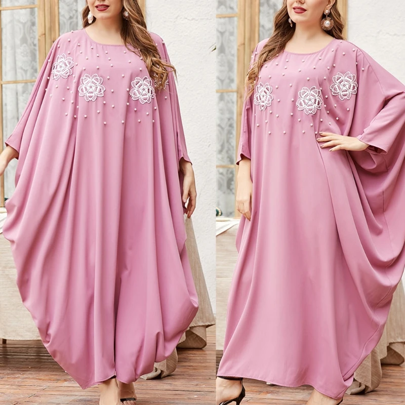 

Pink Turkey Dubai Robes Printting Loose O-Neck Muslim Dresses Casual Abaya Moroccan Gowns Clothing for Womens Girls