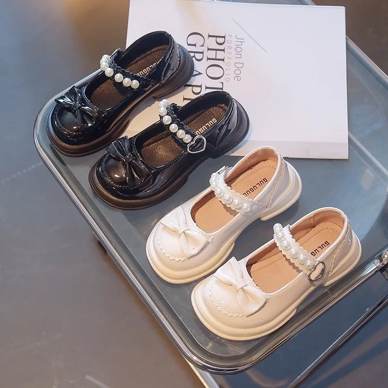 

Spring Autumn Baby Girls Leather Shoe with Bow-knot Pearls Beading Princess Sweet Cute Mary Jane Children Flats Kids School Shoe
