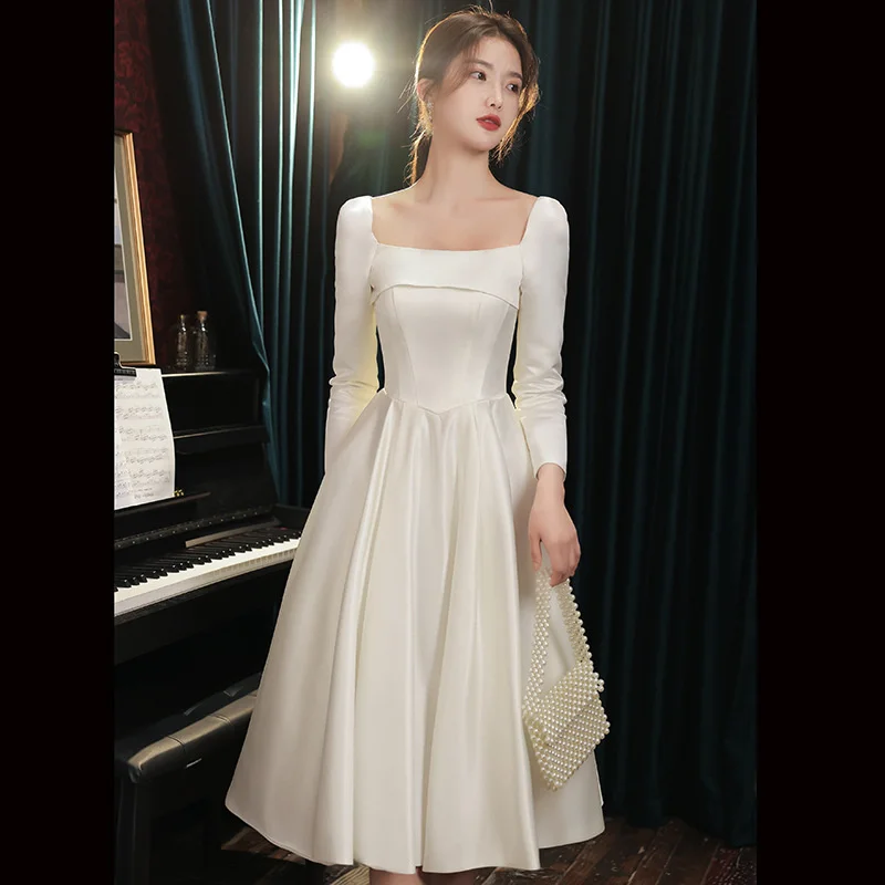 

White small evening dress dress female spring small satin engagement French long sleeve banquet dress