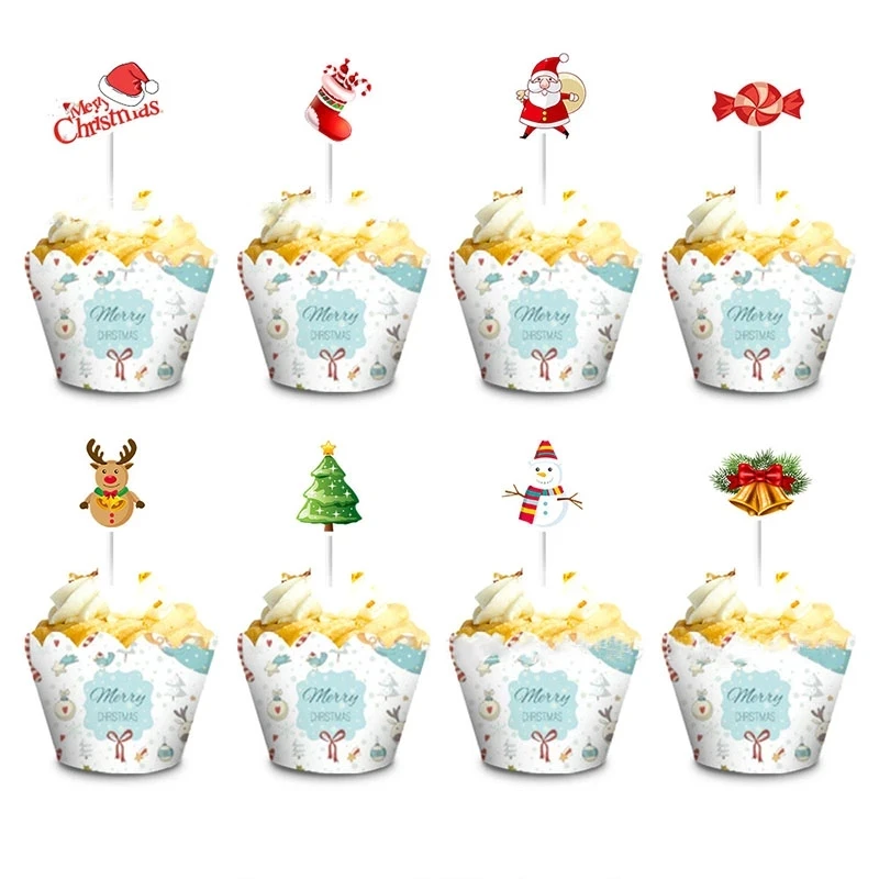 

16/32Pcs Christmas Paper Cupcake Wrapper Christmas New Year Birthday Party Cake Decorations Tools Santa Claus Cake Topper