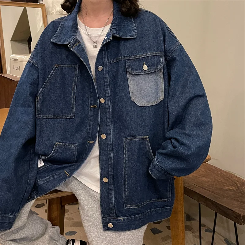 

Женская джинсовая куртка в стиле оверсайз, винтажная шикарная комбинированная ковбойская куртка с карманами и отложным воротником, весна ...