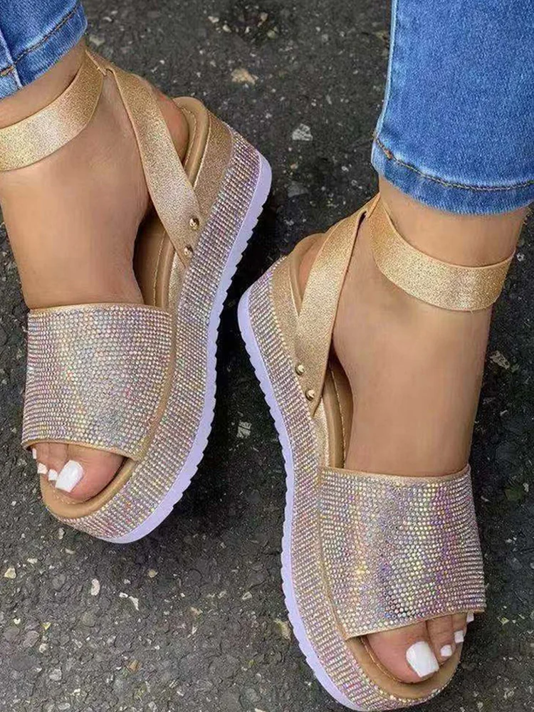 

Summer Women Shoes Open Toe Colorblock Rhinestone Allover Print Ankle Strap Round Toe Flat Sandals