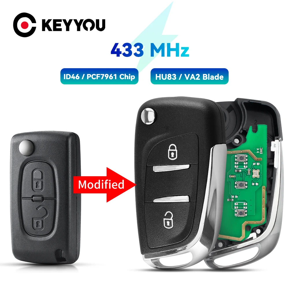 

KEYYOU CE0536 Modified Flip 2/3 Buttons Remote Car key for Peugeot Partner 307 308 407 408 3008 ASK/FSK 433MHz PCF7961 HU83/VA2