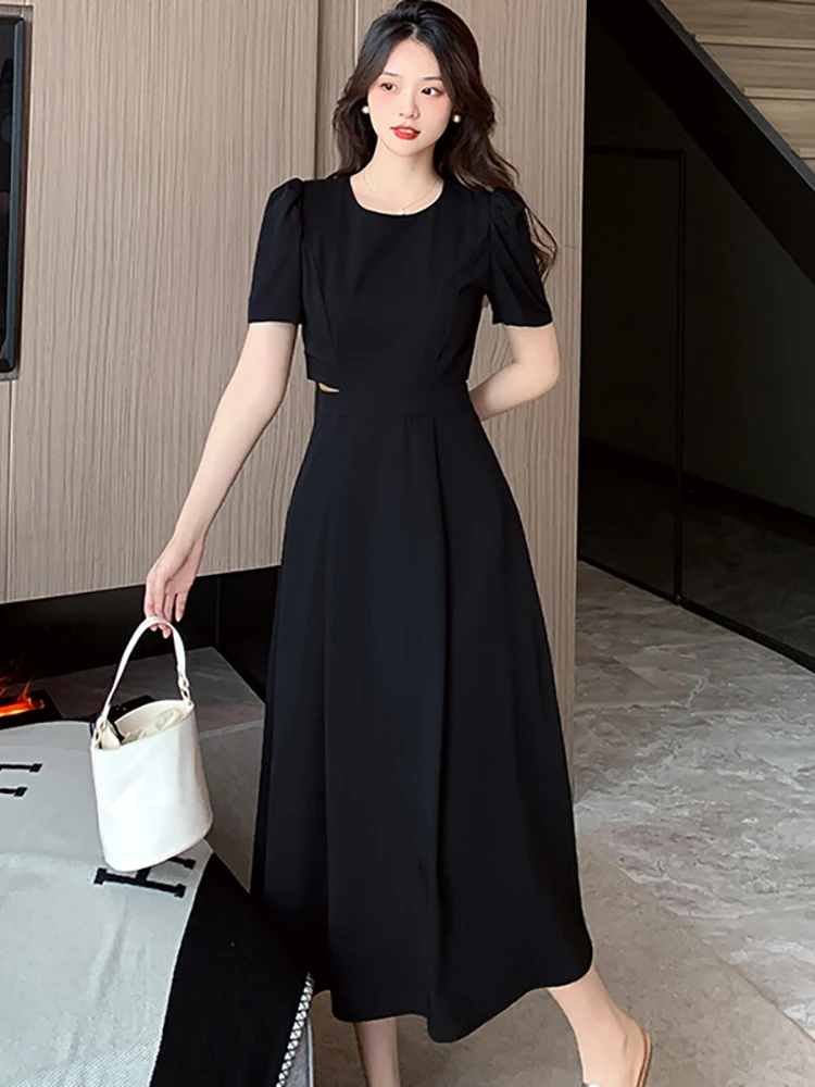 

Женское винтажное платье миди в стиле Хепберн, однотонное черное ажурное длинное платье с коротким рукавом, элегантное платье для выпускного вечера в Корейском стиле, лето 2023