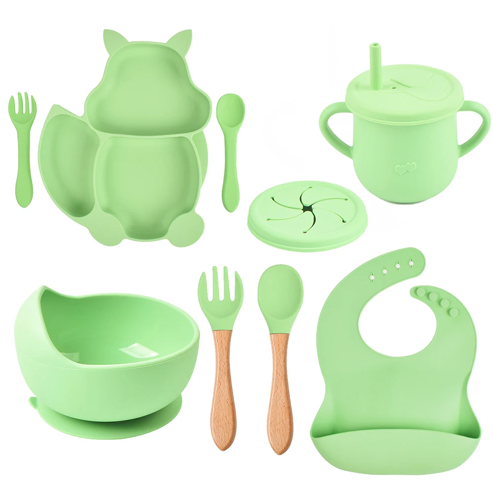 

9Pcs/Set Baby Tableware Set Silicone Feeding Plate Suction Bowl Spoon Fork Bib Cup Dinnerware BPA Free Children Dishes Cultery