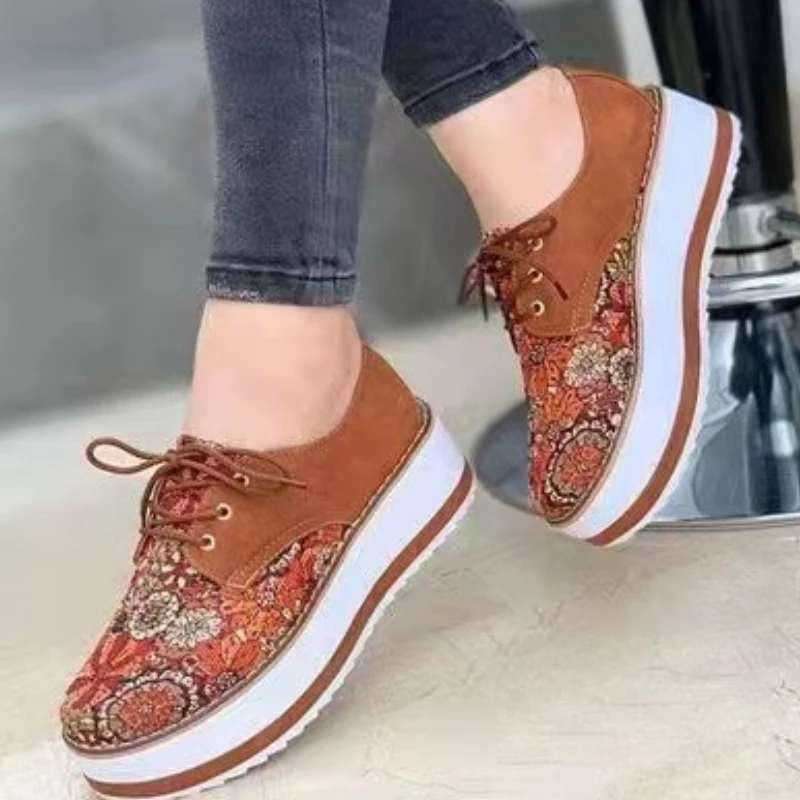

Shoes Women Fashion Plus Size Flats Round Toe Platform Shoes Casual Comfy Flower Decor Lace Up Loafers Zapatos Para Mujer