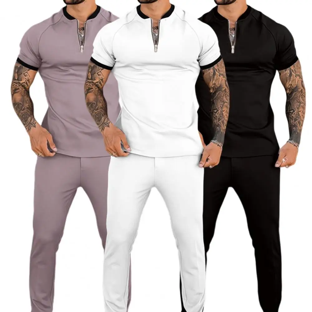 

1 Set Men Top Trousers Drawstring Two Piece Set Slim-fitting Short Sleeve Outfit