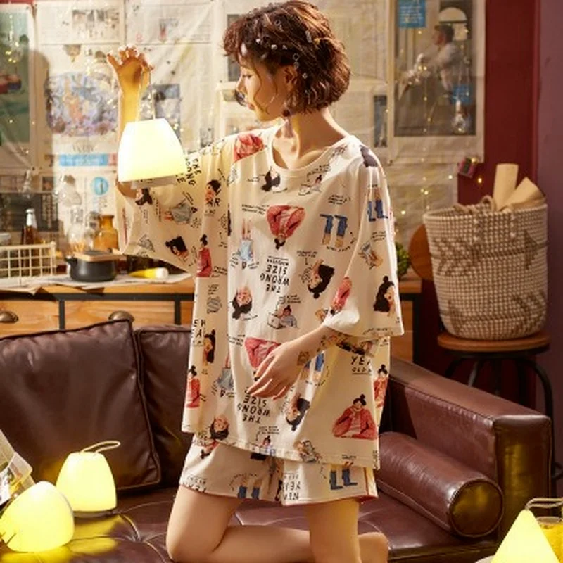 

2022 Pajamas Women Summer Cartoon Sweet Short Sleeve Shorts Pyjamas Sleep Shirt Kawaii Pajamas Homewear Sleepwear 2 Piece Set