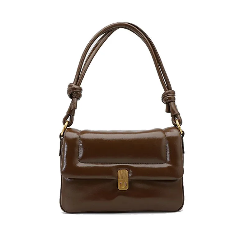 

2023 Spring New Vintage French Buckle Portable Knot Handle Shoulder U Women Bag Coffee Soft Underarm Handbag Flap