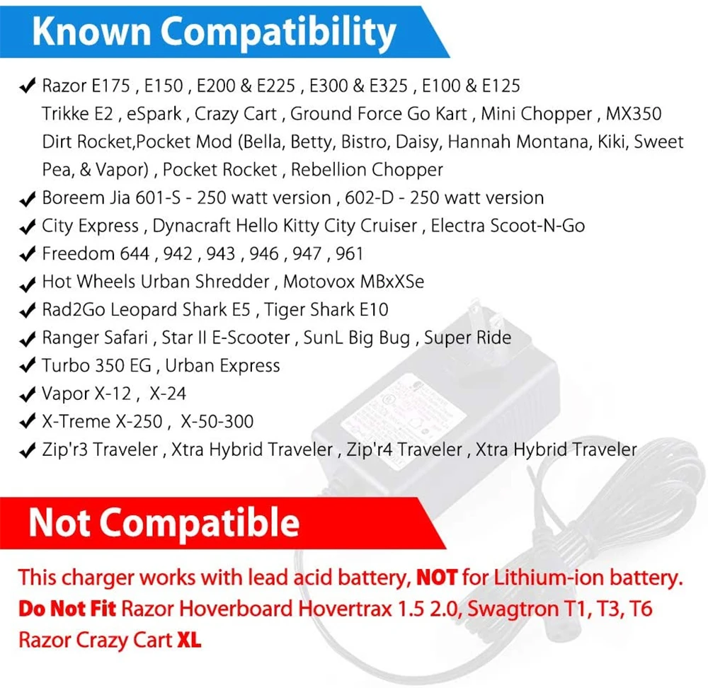 Электрическое зарядное устройство 24 В 3 А для Mini Chopper Sunl City Express Razor CC2420 E100 E125 E150 E175