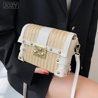 mini rivet straw crossbody bags for women 2022 summer trendy designer lady travel beach purses and handbags female shoulder bag