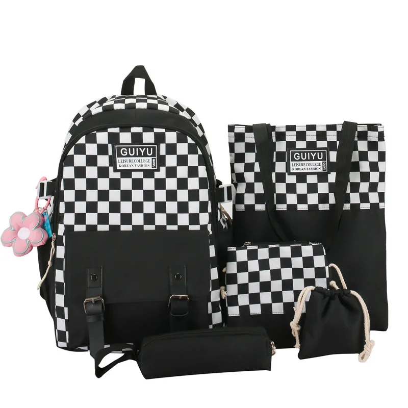 

5Pcs/set lattice Canvas Women Backpacks School Bags for Teenage Girls Book Bags Students Laptop Travel Backpacks Female Back Pac