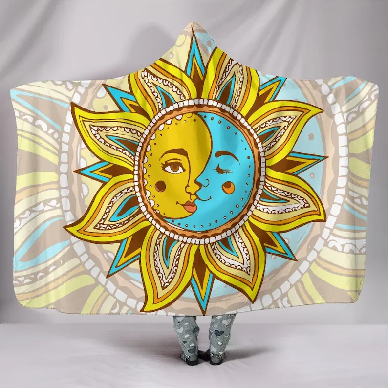 

Hippie Sun and Moon Flower Hooded Blanket - Hippy Vibes, Spiritual Powers, Soft Wearable Blanket Hoodie, Femininity Rebirth, Coz