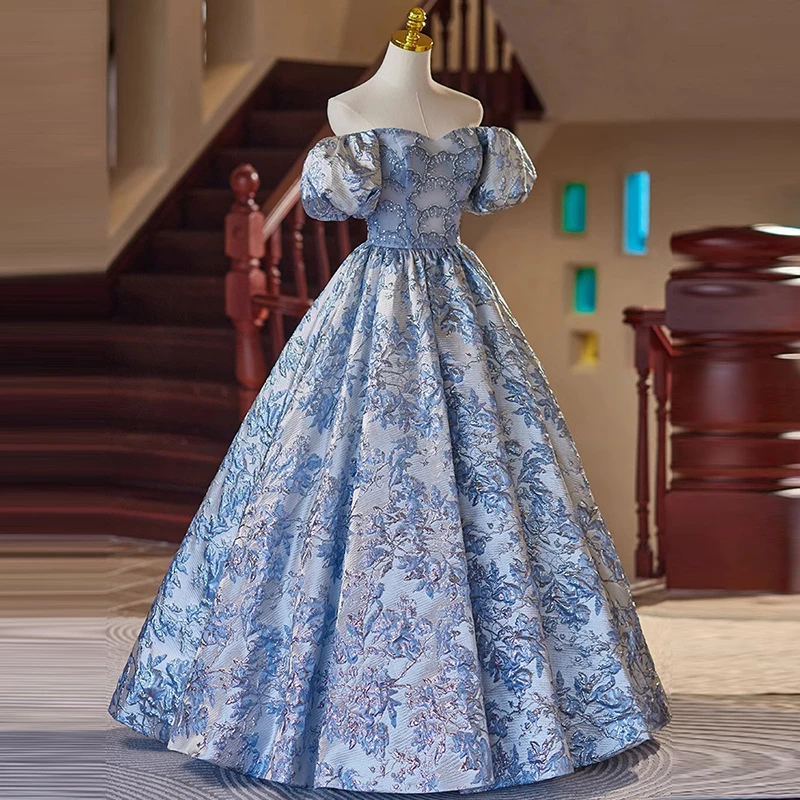 Фото Вечернее платье AnXin SH Princess из серого атласа с вырезом-лодочкой, синими цветочными аппликациями, пышными рукавами, блестящее, для сцены, бальное, на шнуровке, для вечеринок, на заказ №3