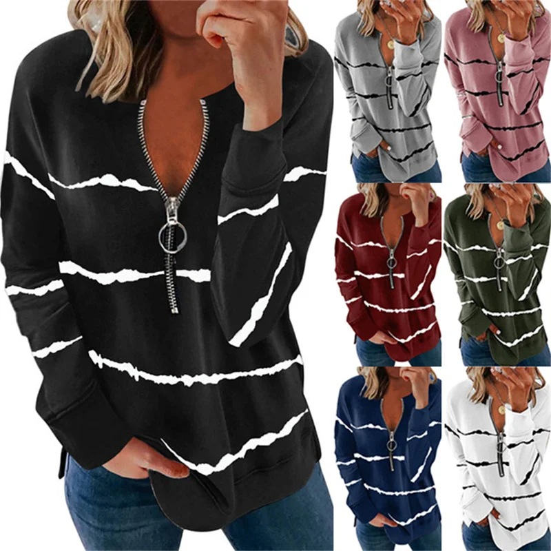 

Stripes Print Women's Casual T Shirt V Neck Zipper Loose Long Sleeve Top Autumn Fashion Sexy Clothing Top De Mujer