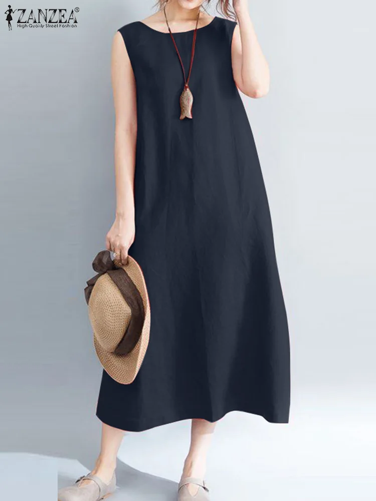 

ZANZEA Sleeveless Mid-Calf Length Robe Women A Line Sundress Summer Holiday Casual Dress Fashion Elegant Beach Solid Vestidos