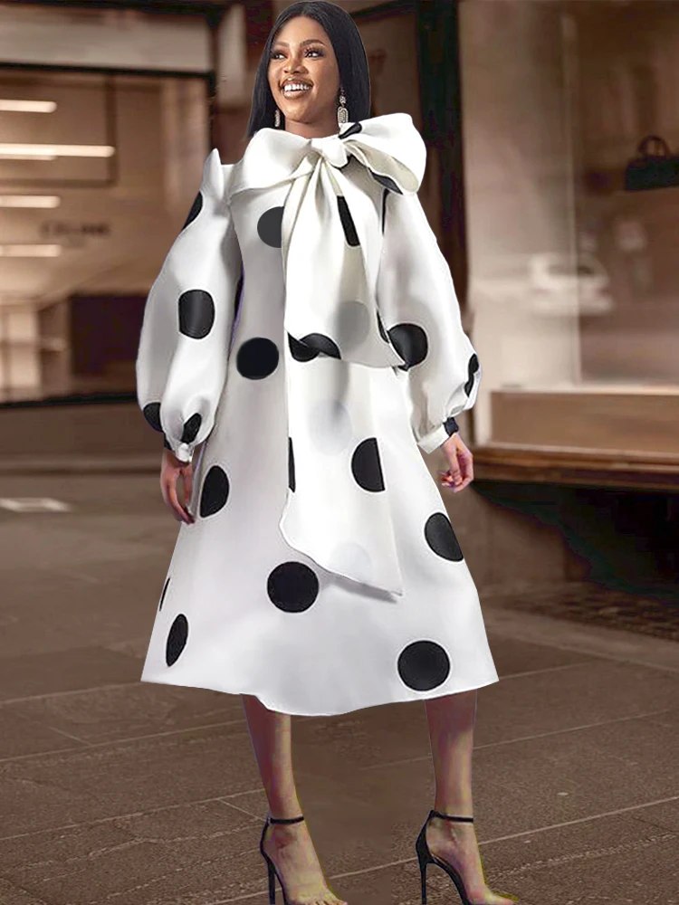 

Women White Dress Polka Dot Print Big Bow with Belt Lantern Sleeve Spring Elegant Fashion Birthday Party Evening Cute Gown Robes