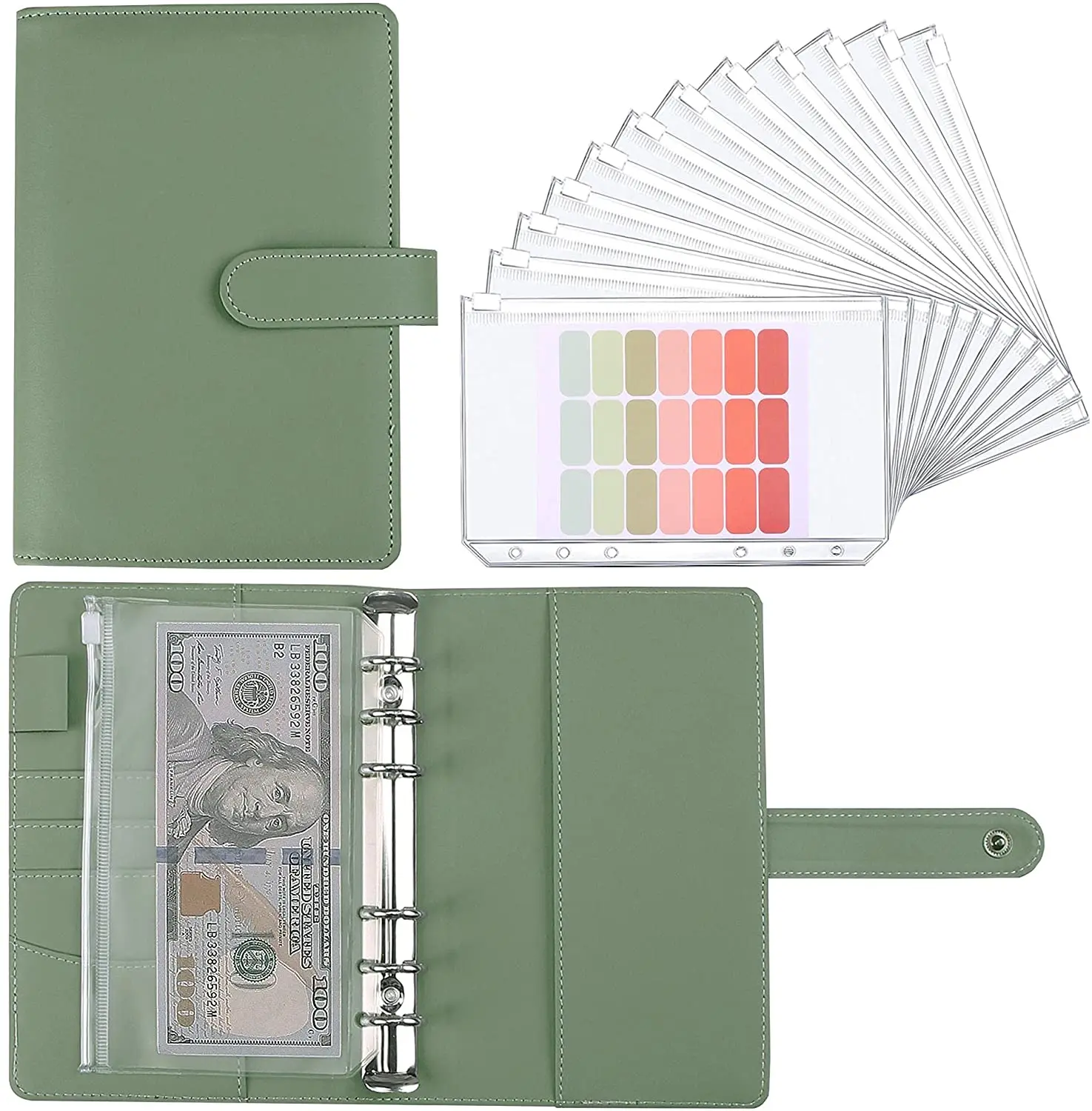 

New A6 Budget Binder Planner with 12 Pieces Cash Envelopes, Colorful PU Leather Notebook Binder with 12 PCS A6 Binder Pockets