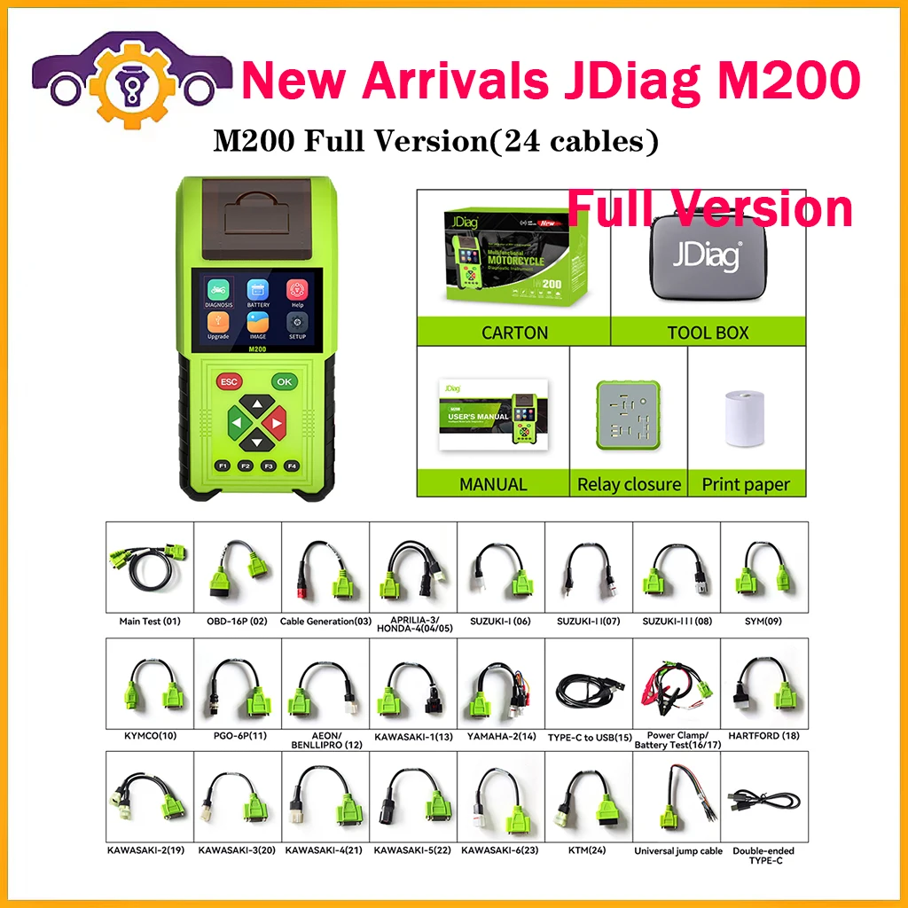 

JDiag M200 Full Motorcycle Diagnostic Scanner+Battery Tester+Automotive Testing 3in1 Support vespa Key Programming
